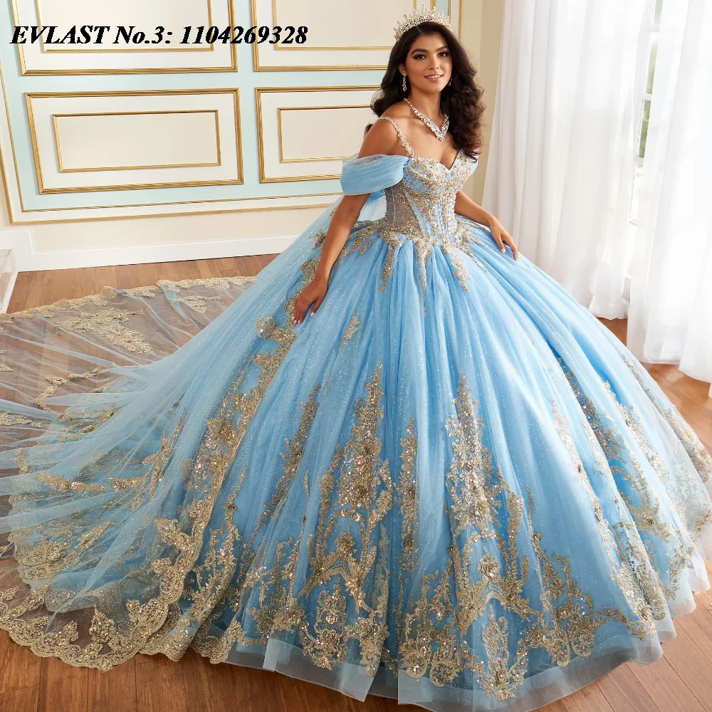 EVLAST Shiny Pink Quinceanera Dress Ball Gown Sequins Lace Applique Beaded Cape Sweet 16 Vestido De 15 Anos E3Q202