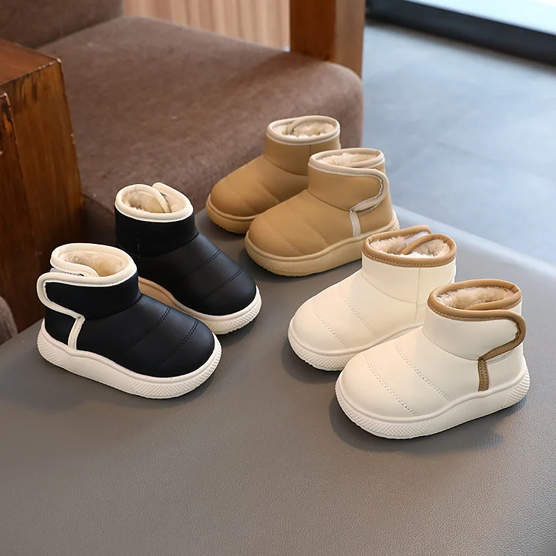 Autumn Winter Warm Snow Boots Kids Leather Plush Ankle Boots Boys Girls Soft Sole Cotton Shoes Baby Fashion Toddler Infant Shoes