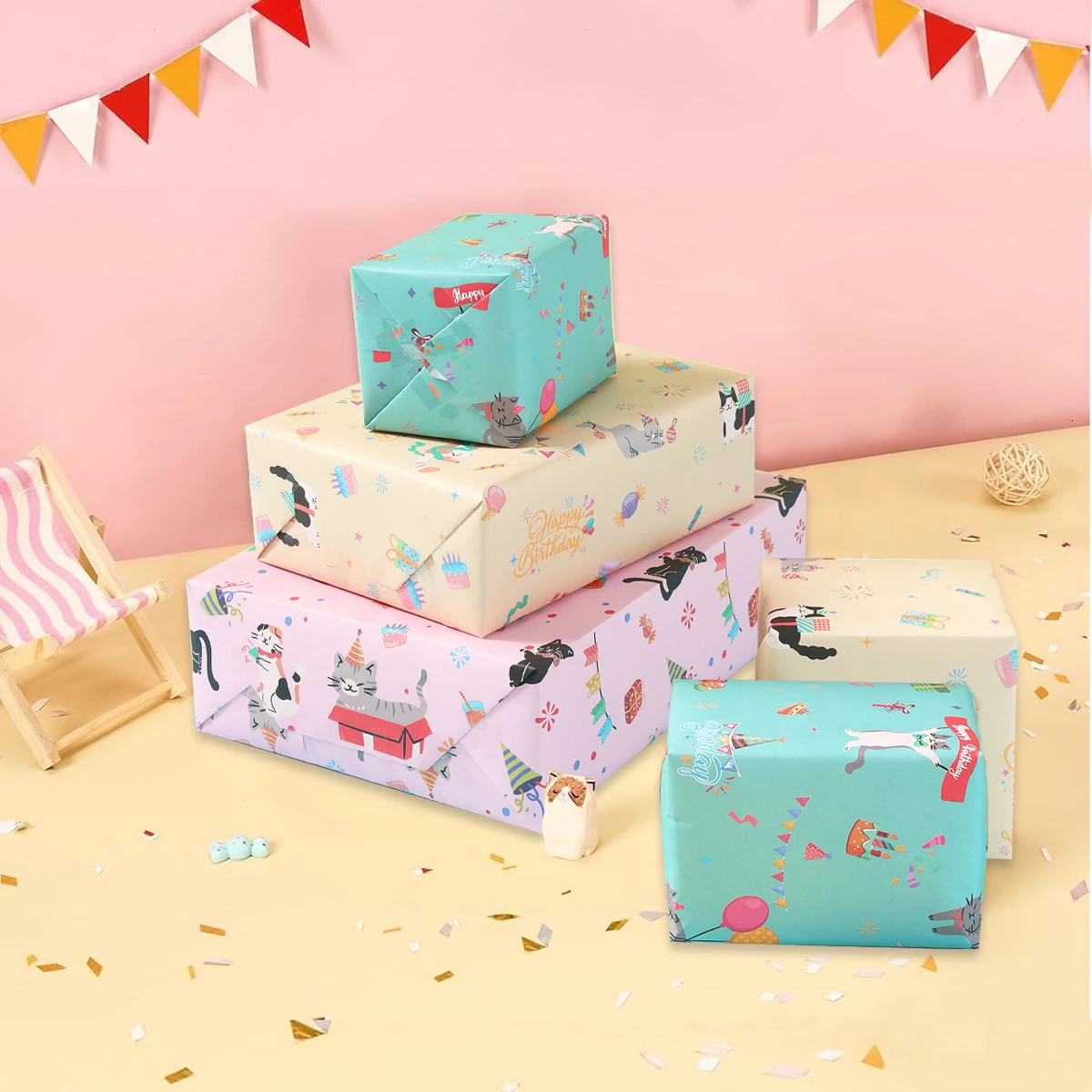 Gift Wrapping Paper 3/6Pcs Cartoon Cat 50x70cm Per Roll Pet Theme Wrapping Paper Sheet Packaging For Kids Birthday Gift Wrap Craft Paper Decor Gifts