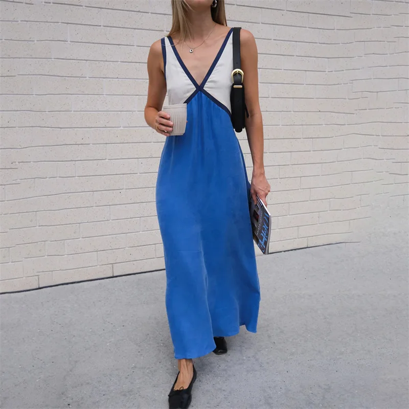Vestido elegante de verano para mujer, con cuello en V, sin mangas, con patchwork de colores contrastantes, largo y sexy para fiesta de noche.
