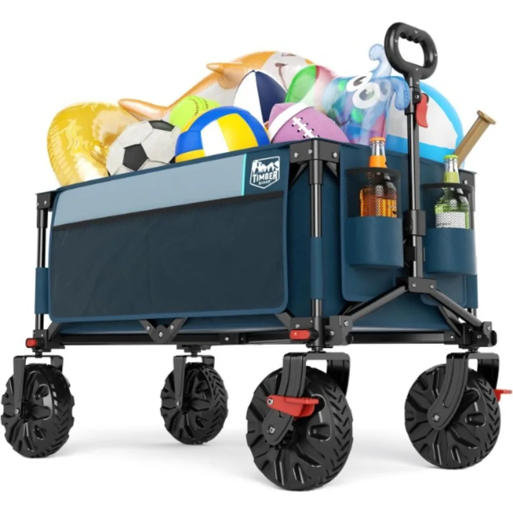 Outdoor Foldable Trolley With Brakes Practical Folding Cart Heavy Duty All Terrain Wheels for Shopping Camping Garden, Blue