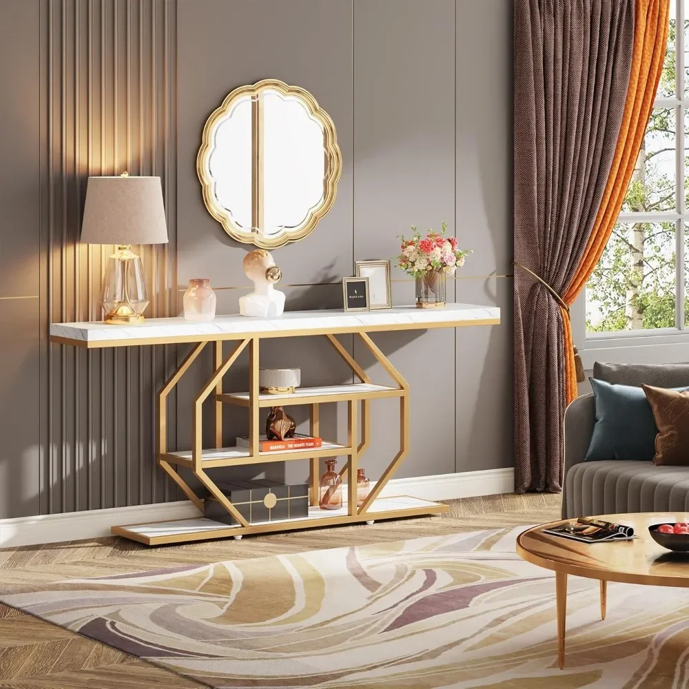 70.9 inch Extra Long Console Table,Modern Gold Sofa Table Behind Couch with Storage,4 Tier Entryway Accent Table for Living Room 5