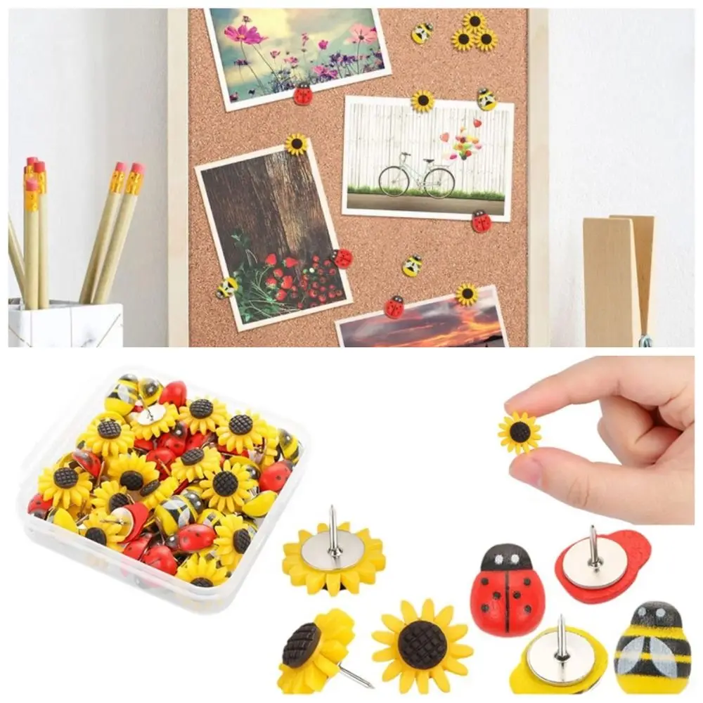30개 휴대용 꿀벌 해바라기 푸시핀 DIY 창의적인 보드 푸시핀 3D 박스 포함 장 스터드 사무실 학교 용품