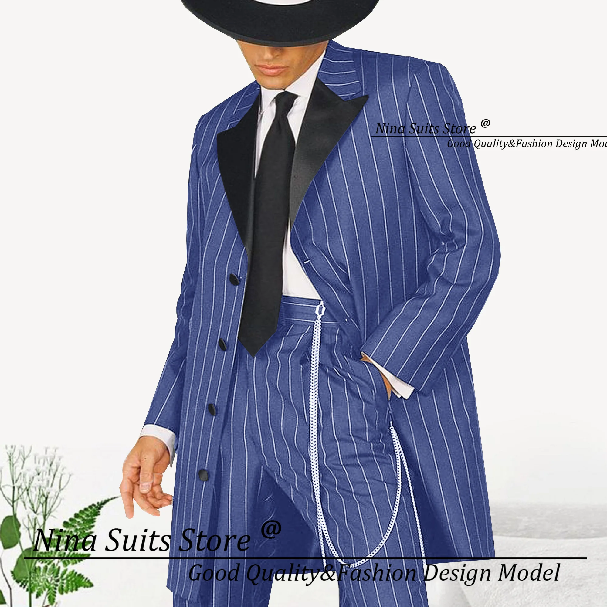 Nina Store Wide Distance Stripe Men Suits Long Blazer Casual Pants Navy White Pinstripe Peak Lapel Tuxedos for Business Party