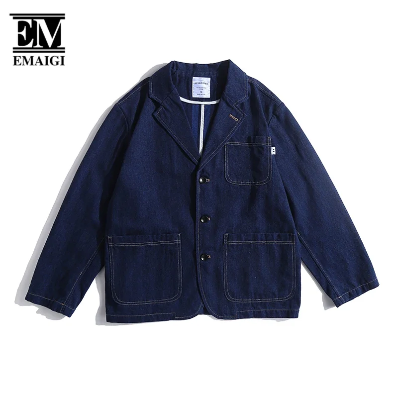 Blazer Men Japanese Harajuku Streetwear Fashion Vintage Loose Casual Denim Suit Blazers Cargo Jacket Cityboy Jeans Coat Male
