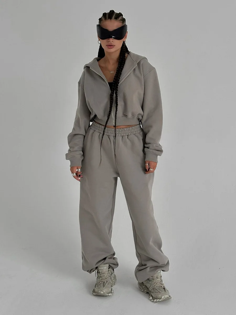 Bornladies New Women's Cropped Hoodie Sweatpants Set Loose Drawstring Waist Zipper Cardigan  Autumn Casual Trendy Hoodie  Outfit