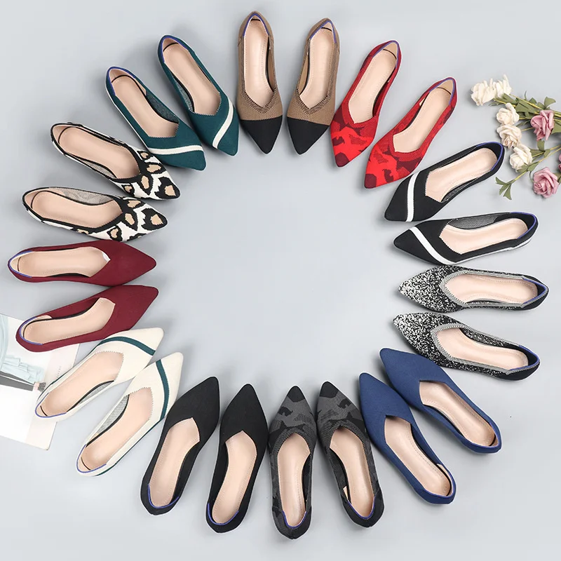 Fashion Comfort Breathable Polyester Women Spring Flats Pointy Toe Ballerinas Stretch Knitted Loafers Dress Causal Shoes