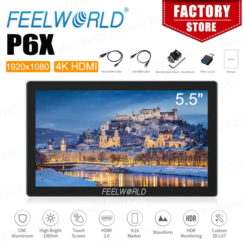 FEELWORLD P6X 5.5 Inch Aluminium DSLR Camera Field Monitor Touch Screen 4K HDMI 1920x1080 pixels