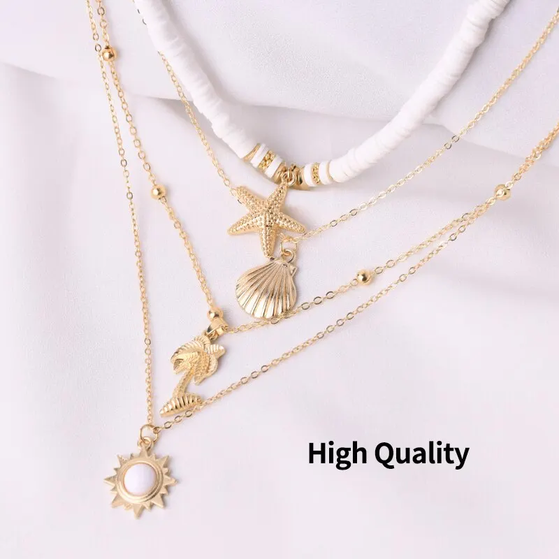 Fashion Jewelry Necklace Soft Pottery Starfish Shell Pendant Necklace Vintage Sun Multi Layer