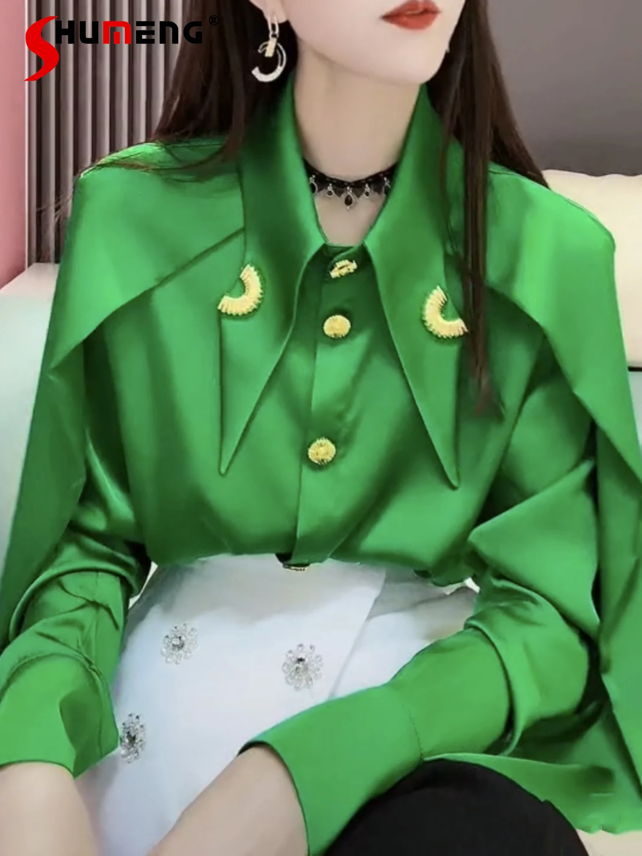 Elegance Long Sleeve Green Shirt for Women 2023 Spring New French Chic Long Sleeve Polo Collar Button Up Thin Top Woman Shirts босоножки на плетеной танкетке с пряжкой и ремешком alyssa woman us polo