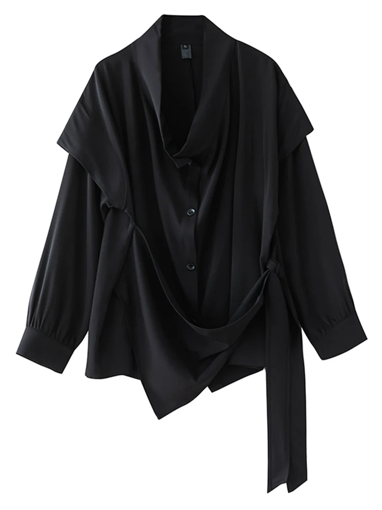 2025 Spring Autumn New Oversized Irregular Black Vintage Blouse Women Long Sleeve Loose Casual Shirt Top Lace-Up Fashion Clothes