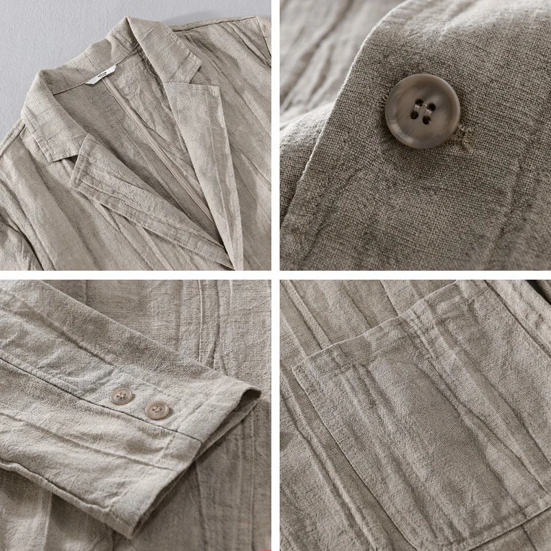 70% Linen 30% Cotton Wrinkled Blazers Vintage Japan Style Spring Autumn Fall Casual Business Thin Coats 24SS Y2k Cool Youth Male