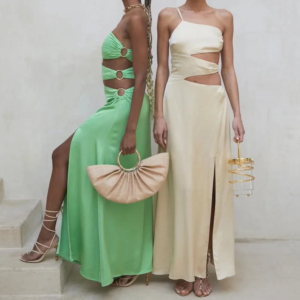 

Women Sexy One-Shoulder Sling High Waist Long Dresses Fashion Elegant Backless Slit Dress Chic Beige Green Party Night Club Wear