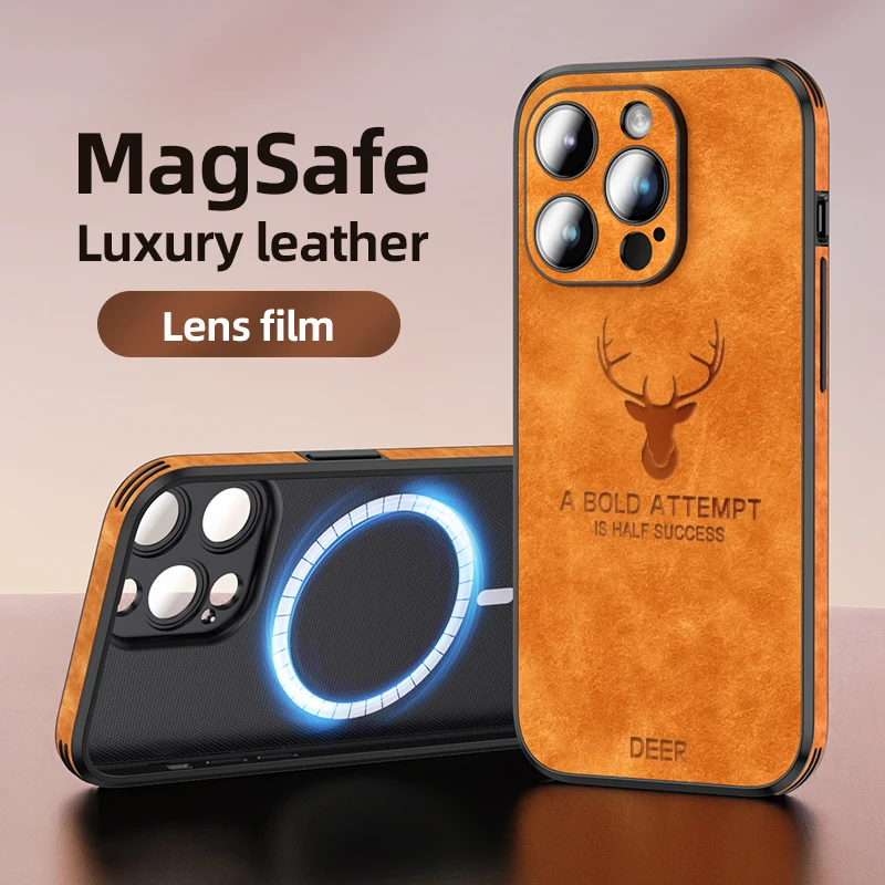 Lens Protection Wireless Charging Magnetic Phone Case For iPhone 11 12 13 14 15 Pro Max Leather Mobile Phone Cover Magsafe Funda