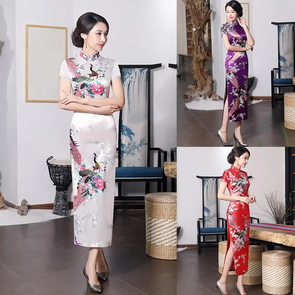 Terrific Lady Cheongsam Long Classic Anti-wrinkle Short Sleeve Lady Cheongsam