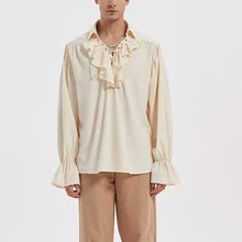

Men's Shirt Spring and Autumn Vintage Medieval Turn-down Collar Bandage Shirt Men's Casual Long Sleeve Loose Shirt