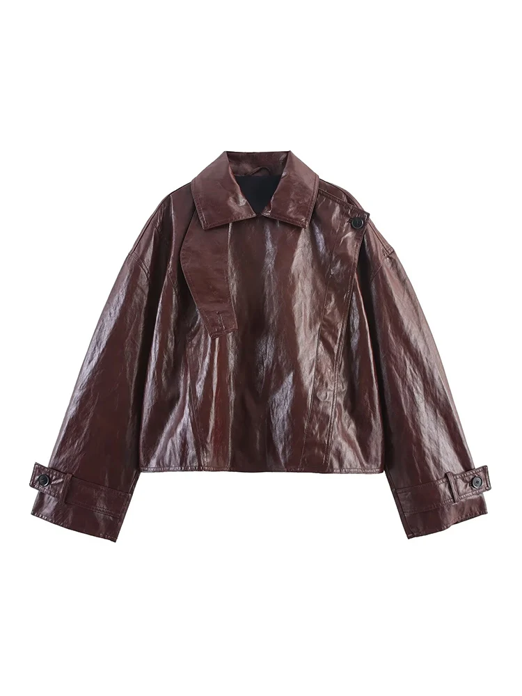 Autumn Women Faux Leather PU Jacket Casual Solid Long Sleeve Button Up Leather Coats New Fashion Female Loose Streetwear