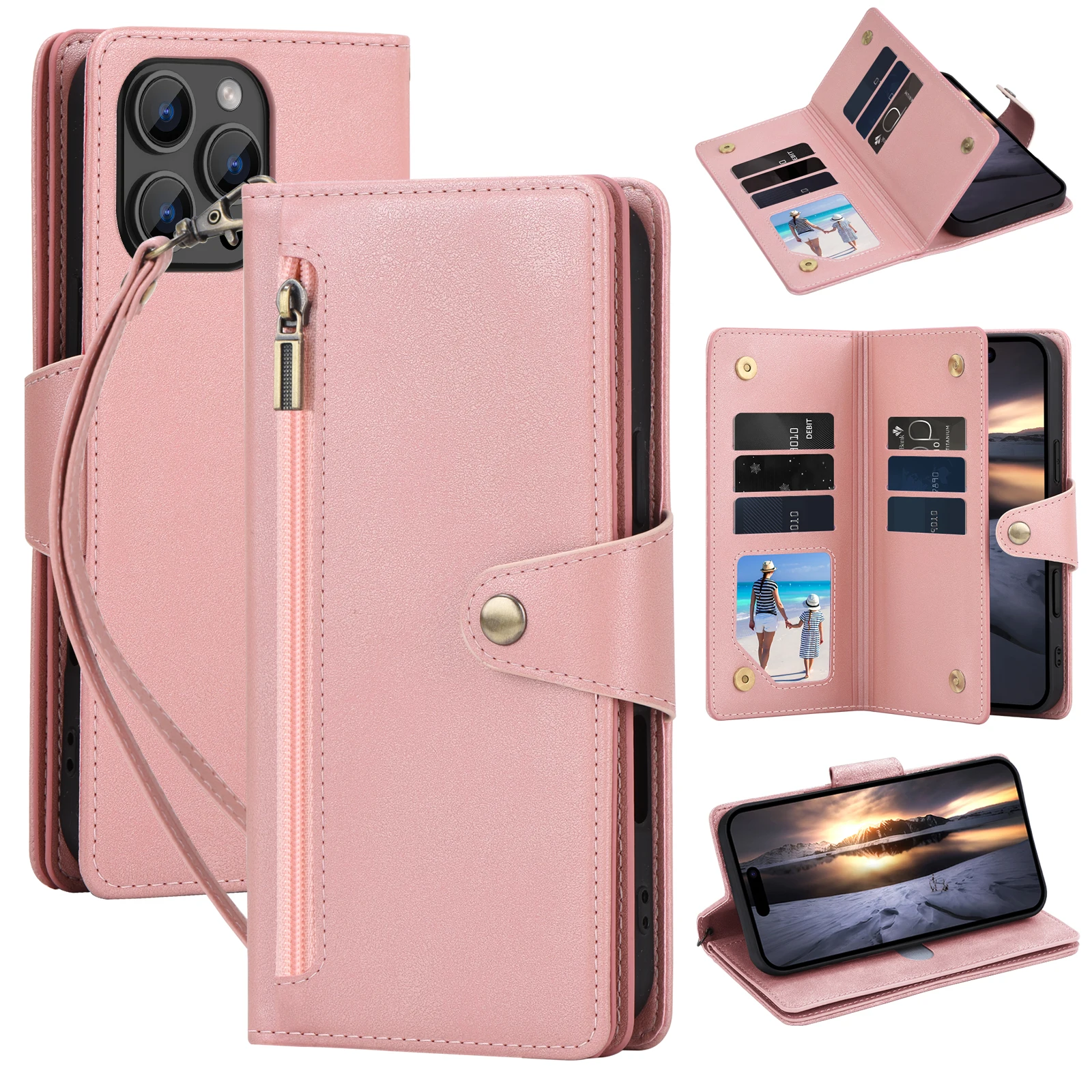 Universal Multi-Card Leather Wallet Case with Zipper, Kickstand, and Magnetic Closure
