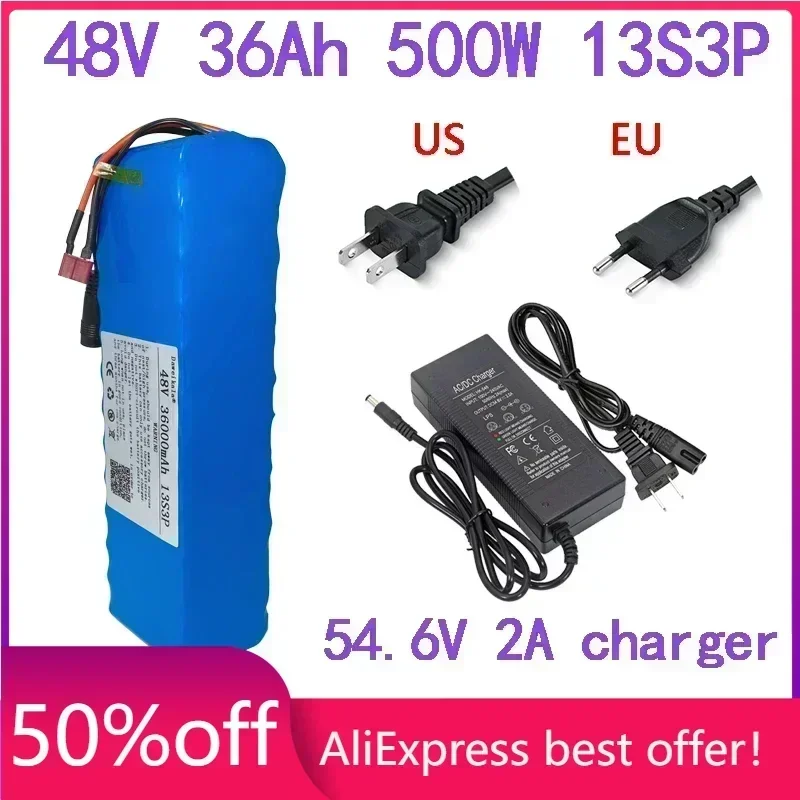 

48V 36000mAh 500w 13S3P T plug 18650 Lithium ion Battery Pack 36Ah For 54.6v E-bike Electric bicycle Scooter with BMS+2A Charger