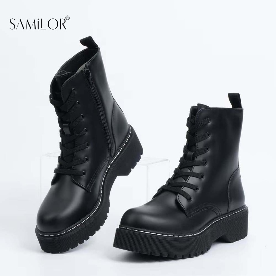 Samilor Lace-up Combat Women Boots 5Cm Chunky Heel Platform Women Boots British Style Thick Sole Increase Height Casual Boots