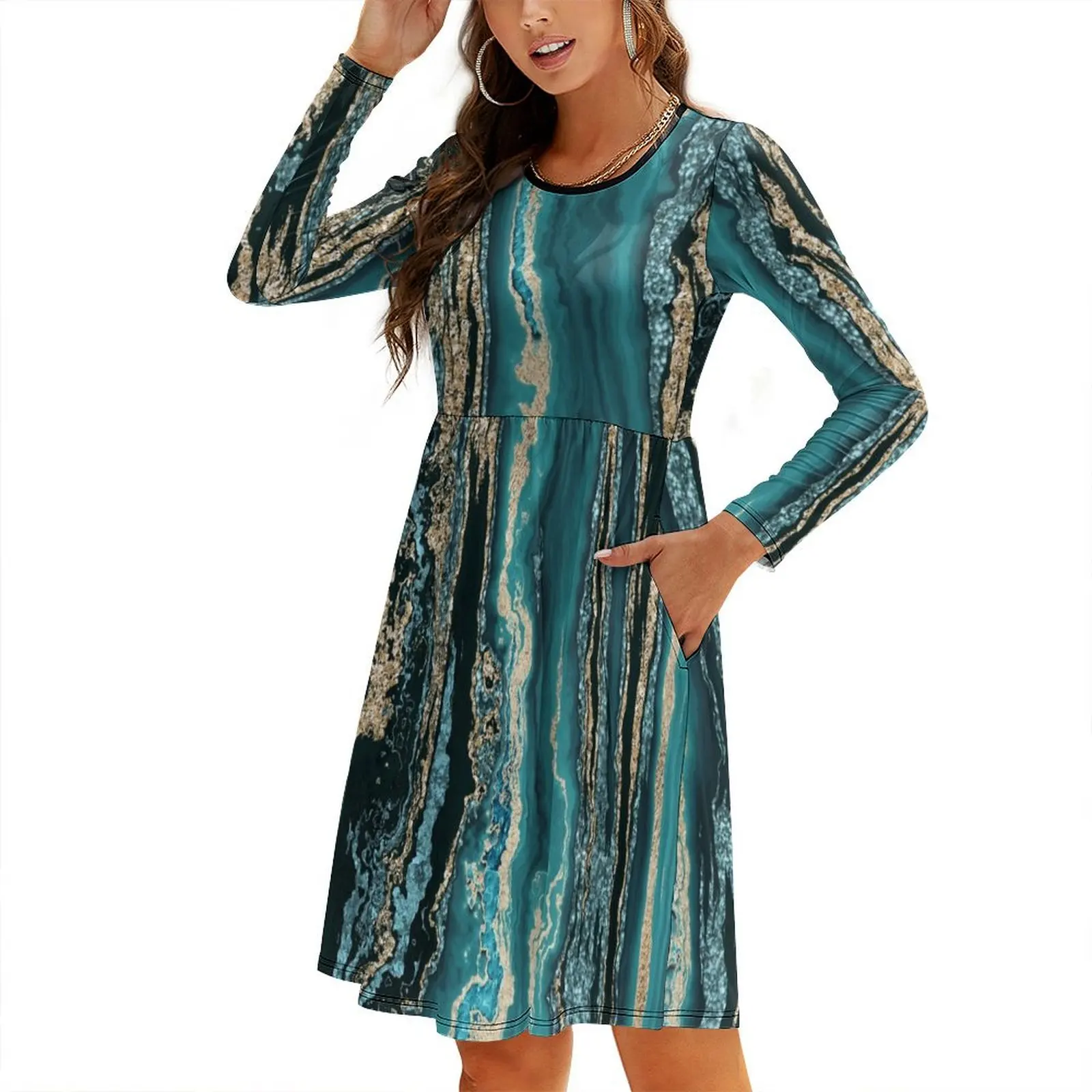 

Turquoise Gold Sparkling Luxury Marble Gemstone Art Round Neck Baggy Dress summer dress womens 2024 summer women's suit