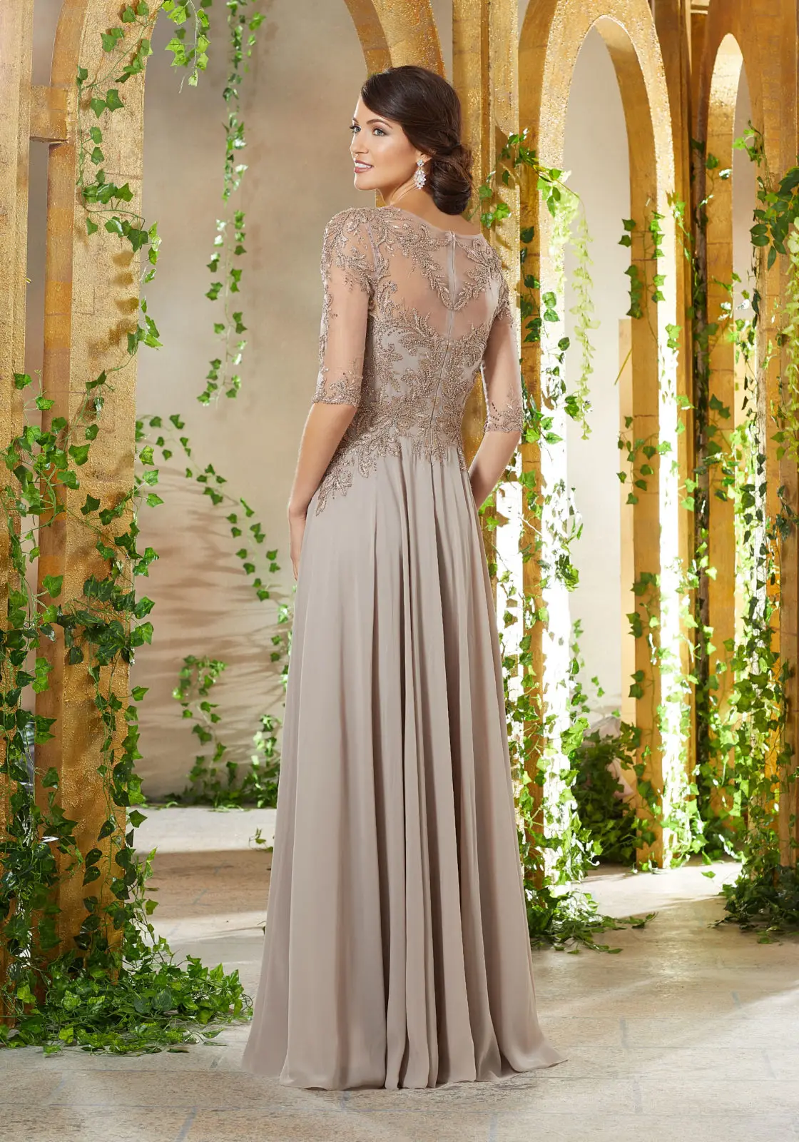 Mãe do vestido de noite noiva, 3/4 manga, com apliques rendas