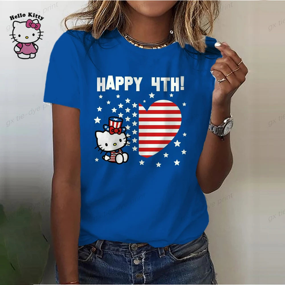 thumbnail image 1 of Camiseta de algodón de Hello Kitty para mujer, camiseta de verano con estampado de dibujos animados y cuello redondo, camisa de manga corta para mujer, chándal, ropa holgada, 1 of 5
