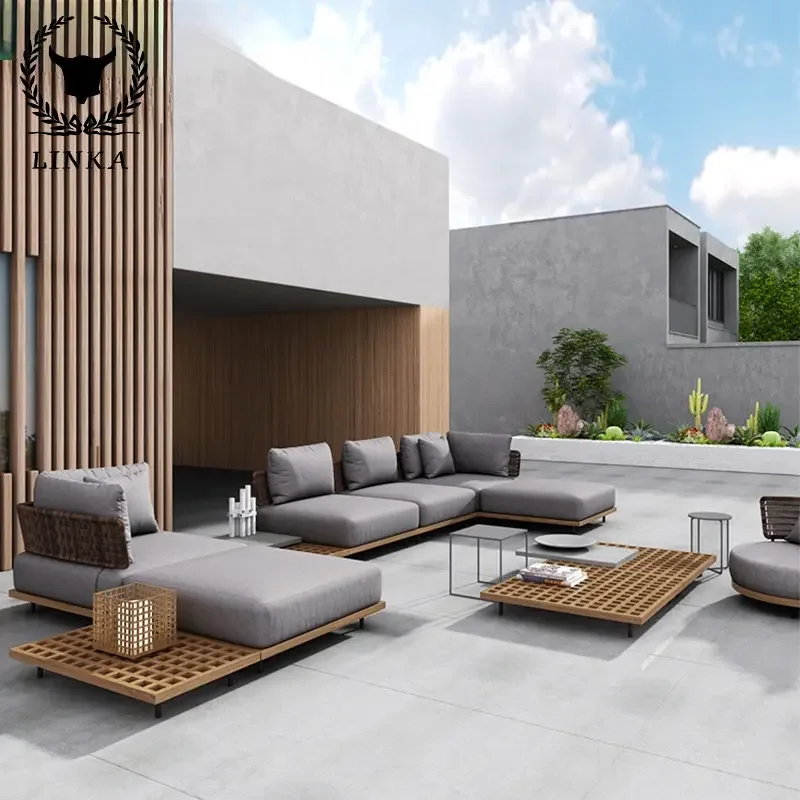 Outdoor Rattan Sofa Combination Courtyard Outdoor Garden Waterproof Sunscreen Rattan Chair Villa Solid Wood Leisure Furniture