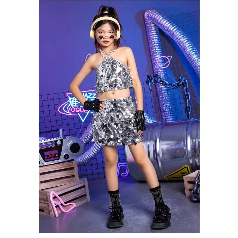 

High Quality Girls Silver Sequins Top Skirt Kids Jazz Hip Hop Dance Costumes Street Dancewear Stage Performance Wear Kpop Outfit