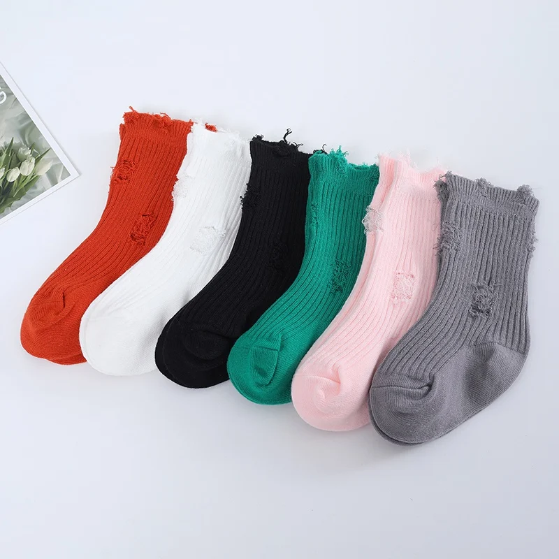 

Fashion Socks Kids Boys Girls Harajuku Street Broken Hole Medium Tube Spring Pile Socks Hip-Hop Knitted Cotton Socks 0-5Years