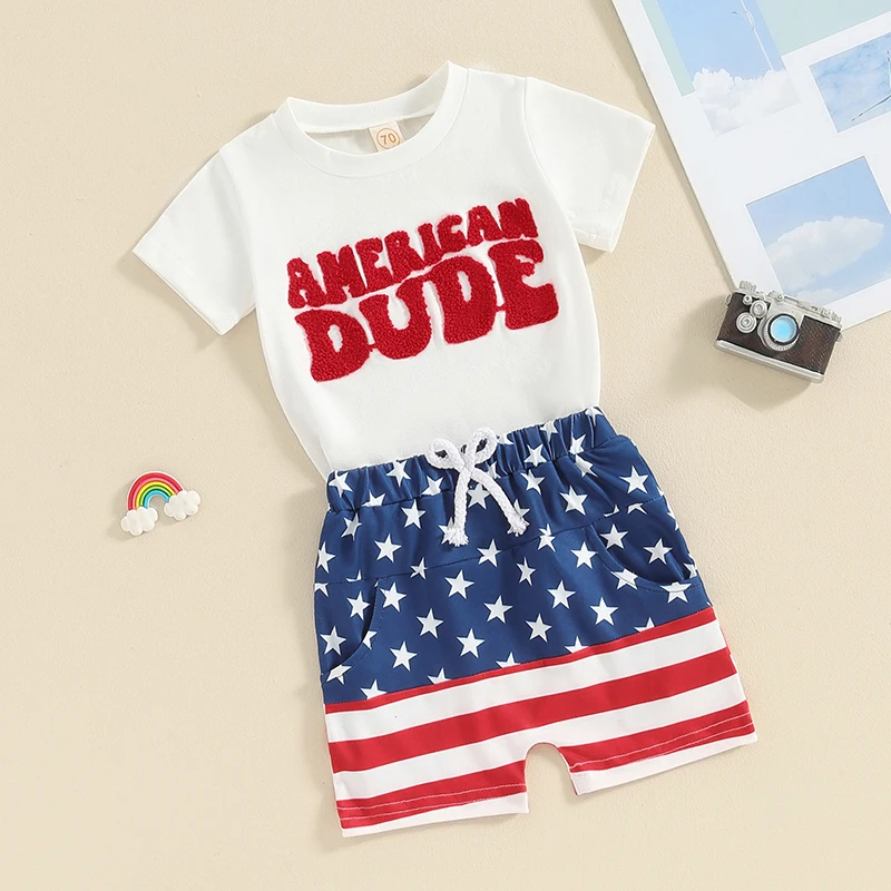 

Summer Boys Outfit for 4th of July Letter Embroidery Short Sleeve T-Shirt with Flag Pattern Shorts 2Pcs Independence Day Clothes