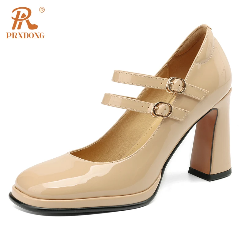 

PRXDONG New Classics Genuine Leather Chunky High Heels Platform Spring Summer Black Apricot Mary Janes Dress Party Shoes Pumps