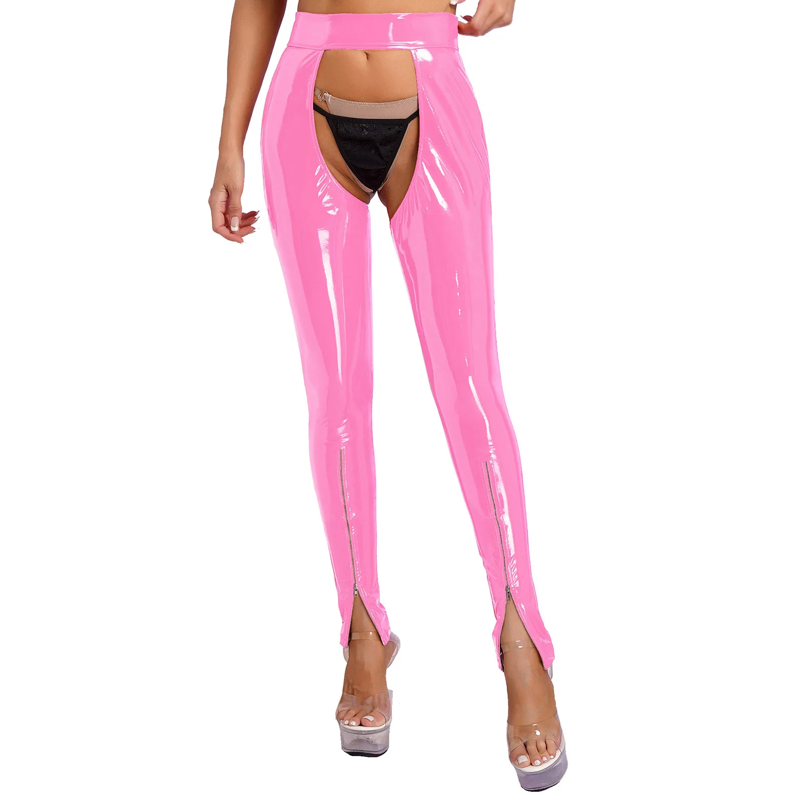 thumbnail image 1 of Pantalones sexis de charol con aspecto mojado para mujer, mallas de lencería, pantalones de látex con entrepierna abierta y espalda descubierta, pantalones ajustados con cremallera en las piernas, rop, 1 of 5