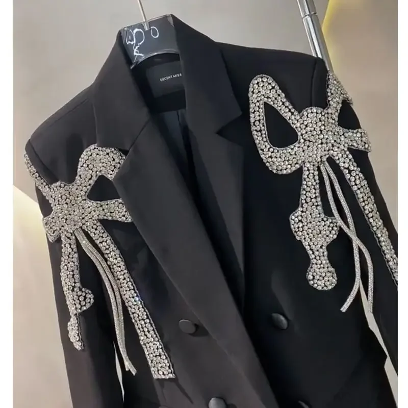 SuperAen Loose Bow Design Casual Suit Black Blazer Women\'s Spring Autumn High Street Black Blazer for Women