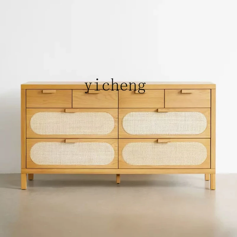

XC Nordic Retro Solid Wood Chest of Drawers Small Apartment Home Rattan Chest of Drawer Bedroom Entrance Ash Wood