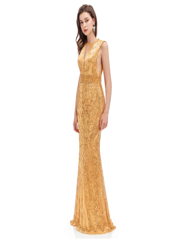 Vestidos de Noite Voltar sem Mangas Festa de Casamento Vestidos de Baile Elegante Sereia Formal Longo Ouro Lantejoulas Sparkly v Feminino 2022 4 2022 ouro lantejoulas sparkly v voltar sem