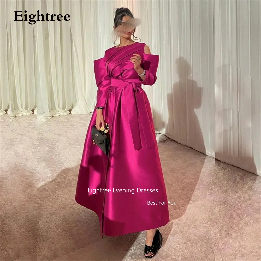 

Eightree Fuchsia Vintage Prom Dresses Satin Long Sleeves O Neck A Line Belt Pleat Evening Dresses Abendkleider Dubai 2023