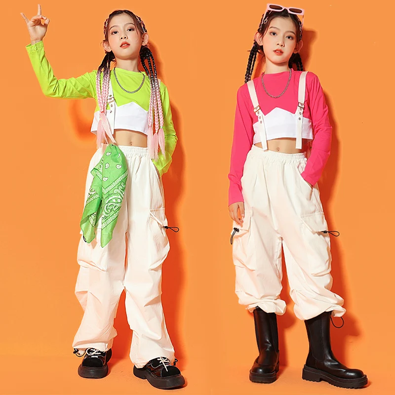Hiphop Dance Costume Girl Clothes Long Sleeves Tops White Cargo Pants