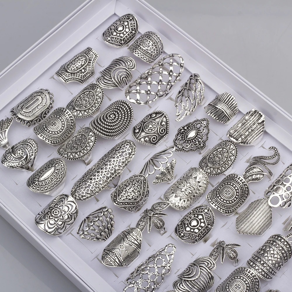 Vintage Punk Hollow Rings for Women Carved Silvery Flower Leaf Finger Ring Wedding Band Jewelry Gift 20Pcs/Lot