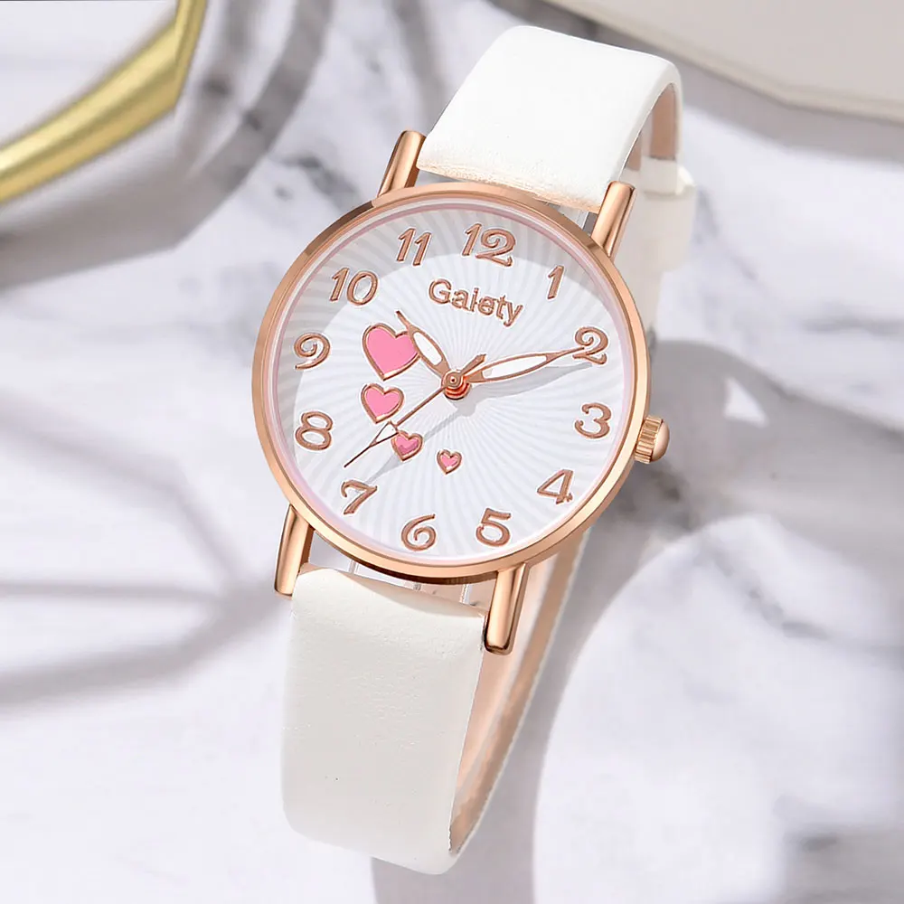 Gaiety 5PCS/Set Fashion Casual Women's Watch Pu Belt Quartz Watch Four Heart Dial Watch Daisy Bracelet Set Girl's Gift 3
