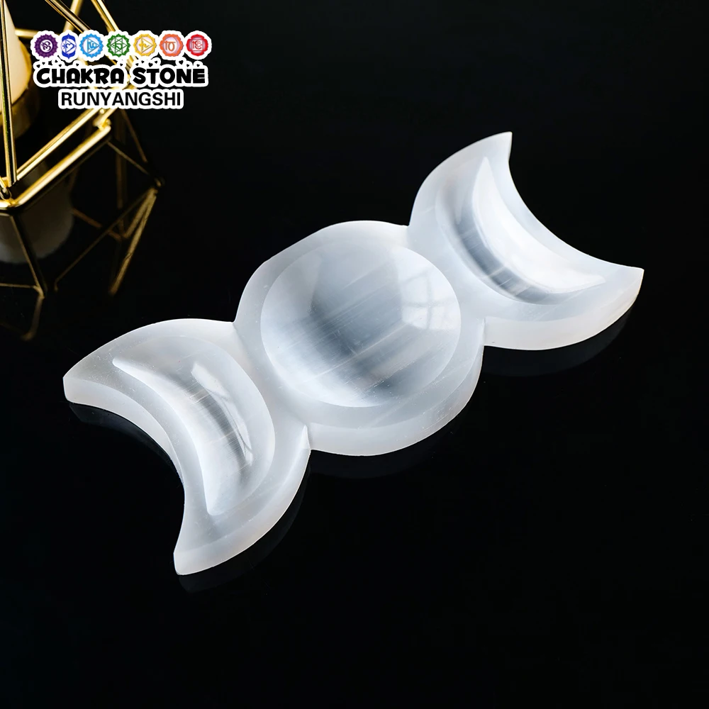 

1PC Natural Energy Symbol Carving Moon Gypsum Stone Crystal Bowl For Witchcraft Divination Home Decoration Ornament