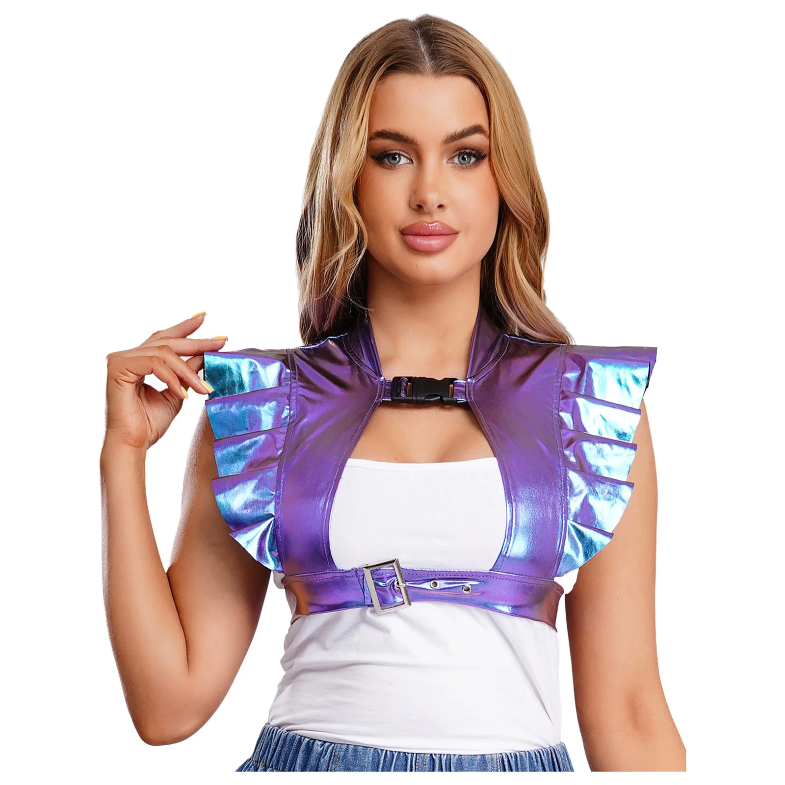 Schillernde Metallic-Schulterrüstung für Damen, Clubwear, gerüschter Besatz, vorderer Ausschnitt, verstellbare Träger, Rave-Achselzucken, bauchfreies Oberteil – Detail 24
