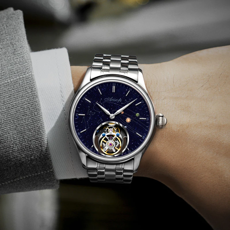 Super AESOP Flying Tourbillon Watch for Men Milky Way Star Sapphire Dial Luxury Steel Band Male Mechanical WristWatches 1963 6