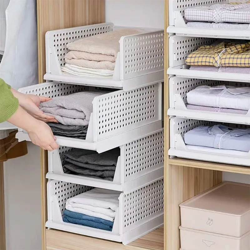 

4 Pack Closet Basket Shelf Storage Bins Plastic Super Large Capacity Collapsible Kid Toy Rack White for Kitchen Cabinets