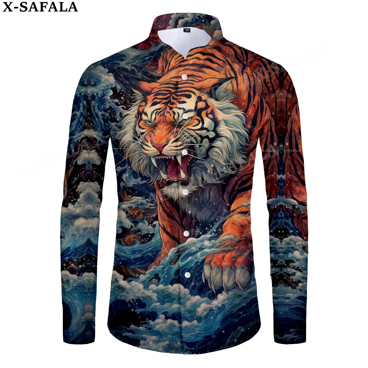 

Myth The King White Tiger Skin 3D Print Men's Luxury Shirt Turn-down Collar Buttoned Up Long Sleeve Tops Hip Hop Tee-4