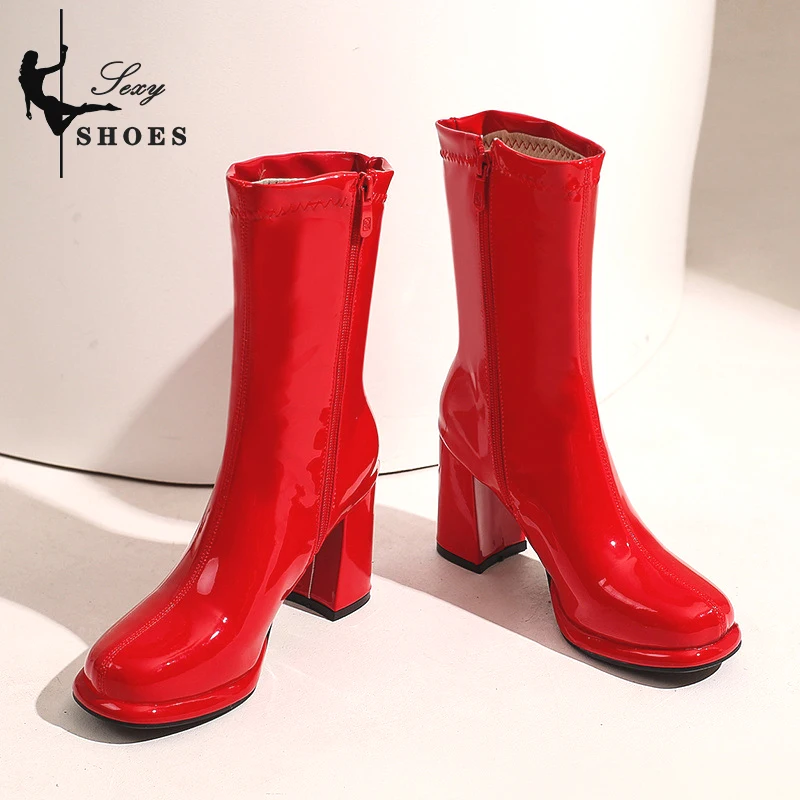 Women Ankle Boots Square High Heel Short Patent PU Leather Round Toe Red Shoes Side Zipper Spring Autumn Sexy Classic  Boots