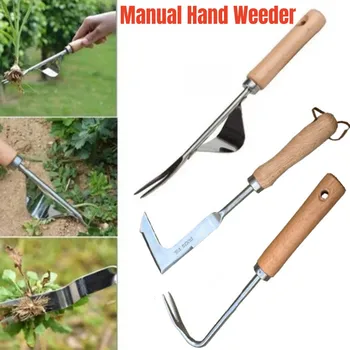 Stainless Steel Wood Handle Garden Weeder Hand Weeding Removal Cutter Puller Tools Multifunction Weeder Transplant Garden Tools