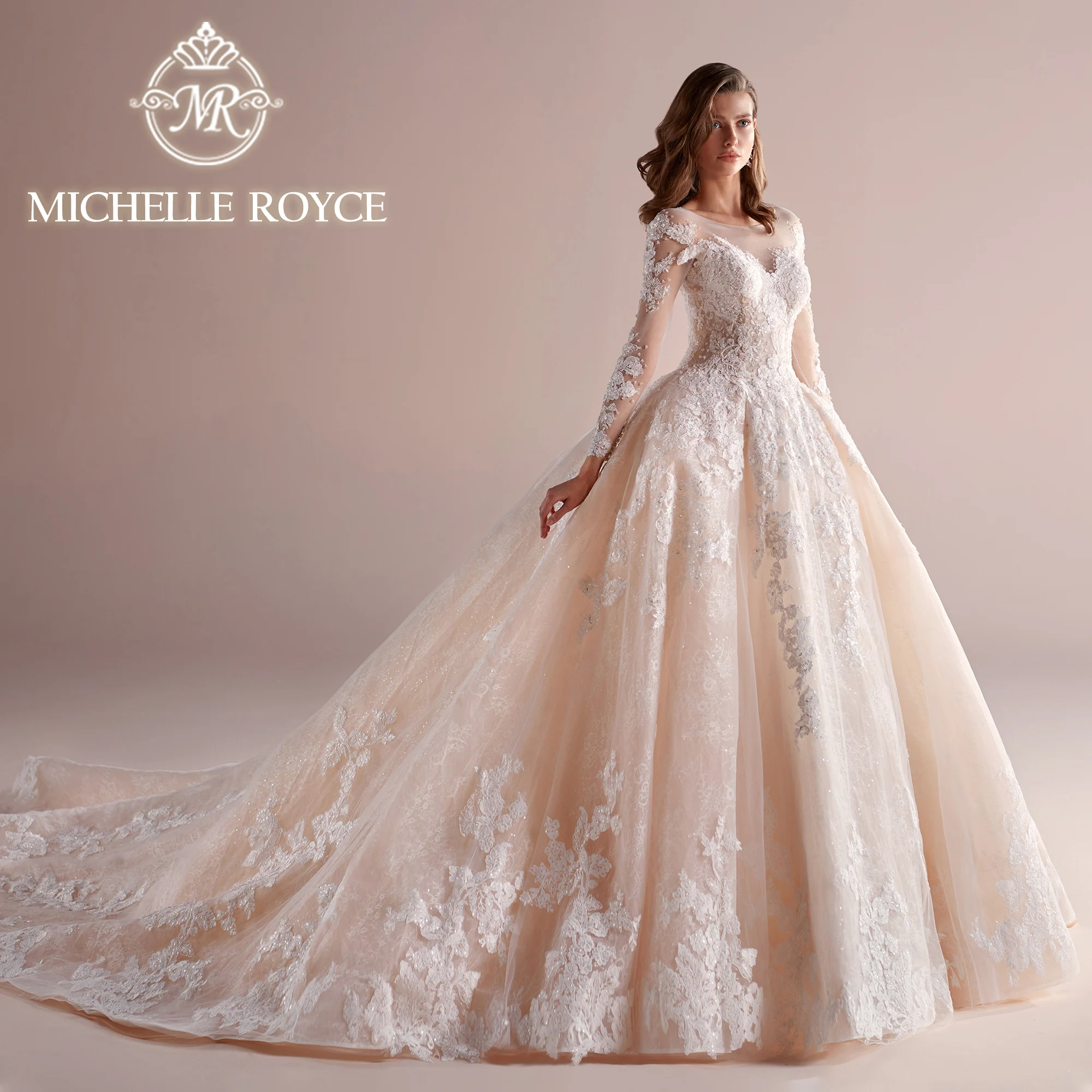 

Бальное платье с длинным рукавом Michelle Royce, свадебное платье цвета шампанского с невидимым вырезом и аппликацией, 2024