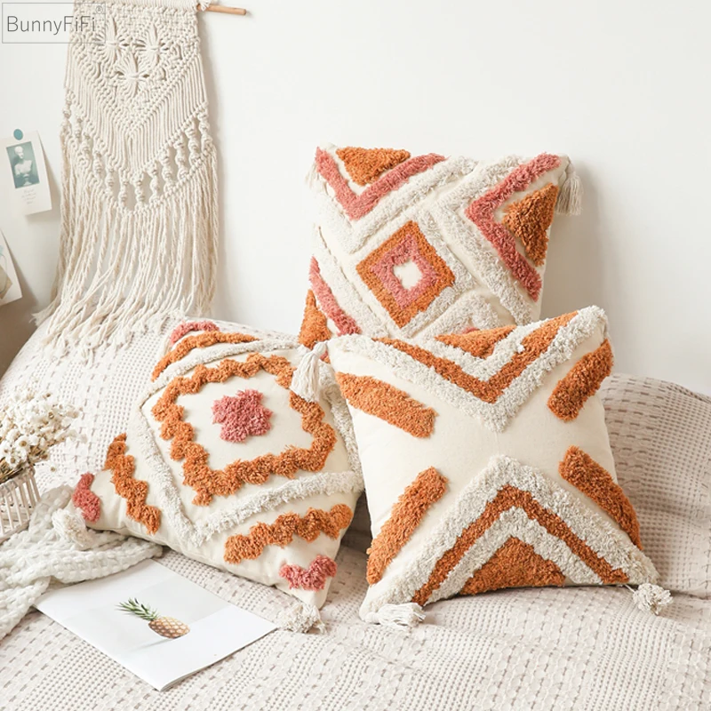 

Boho Cushion Cover Tufted Orange Ivory Tassels Warm Color Decoration Pillow Cover Living Room Bedroom Sofa Couch Square 45x45cm