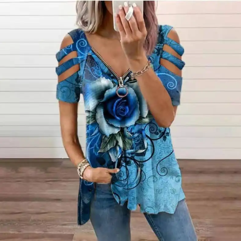 

Women's T-shirt Spring and Summer Fashion New Flower Print V-neck Zipper Shirt Short-sleeved Casual T-shirt Female